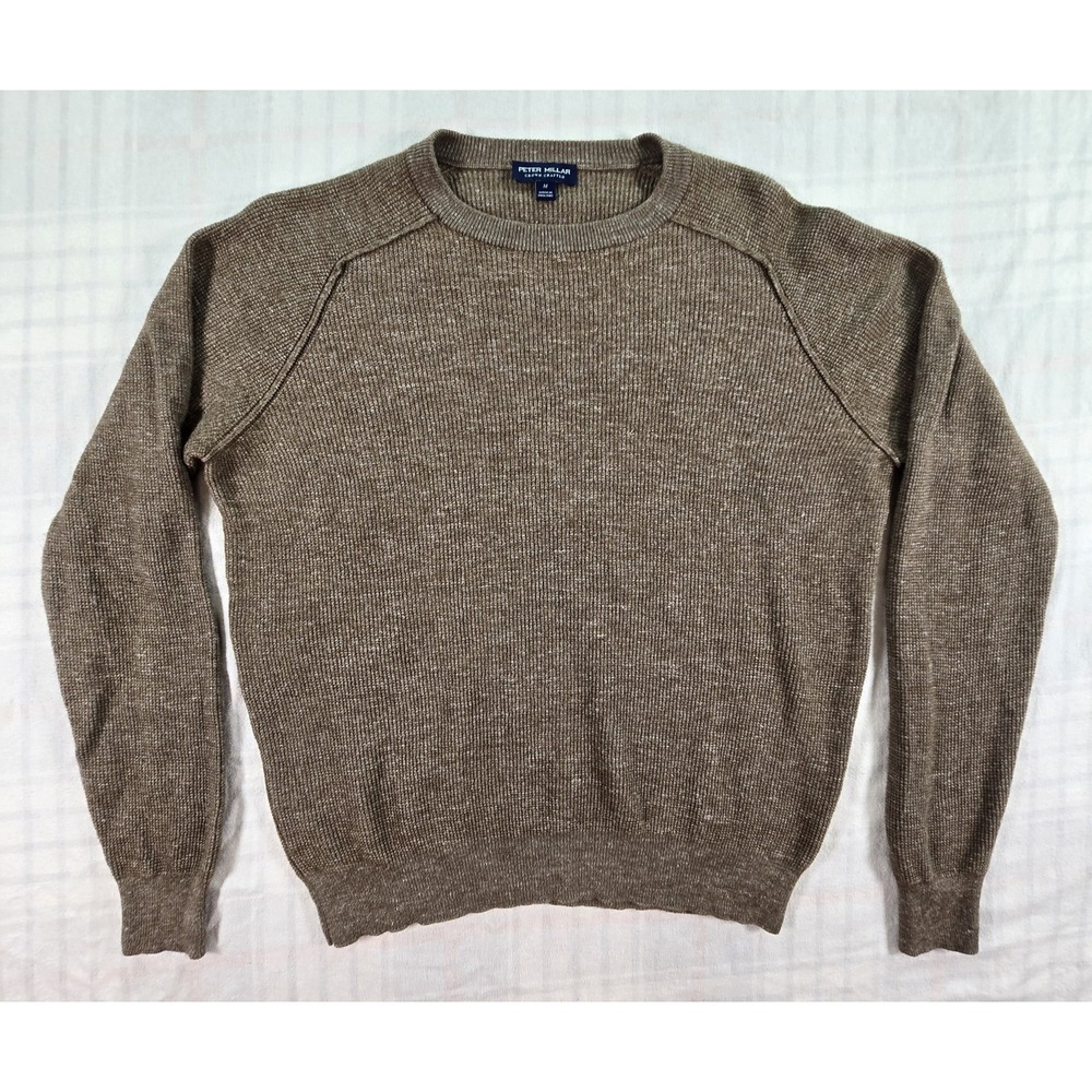 Peter Millar Merino Wool Silk Linen Waffle Knit Sweater Crew Neck Tan Men M